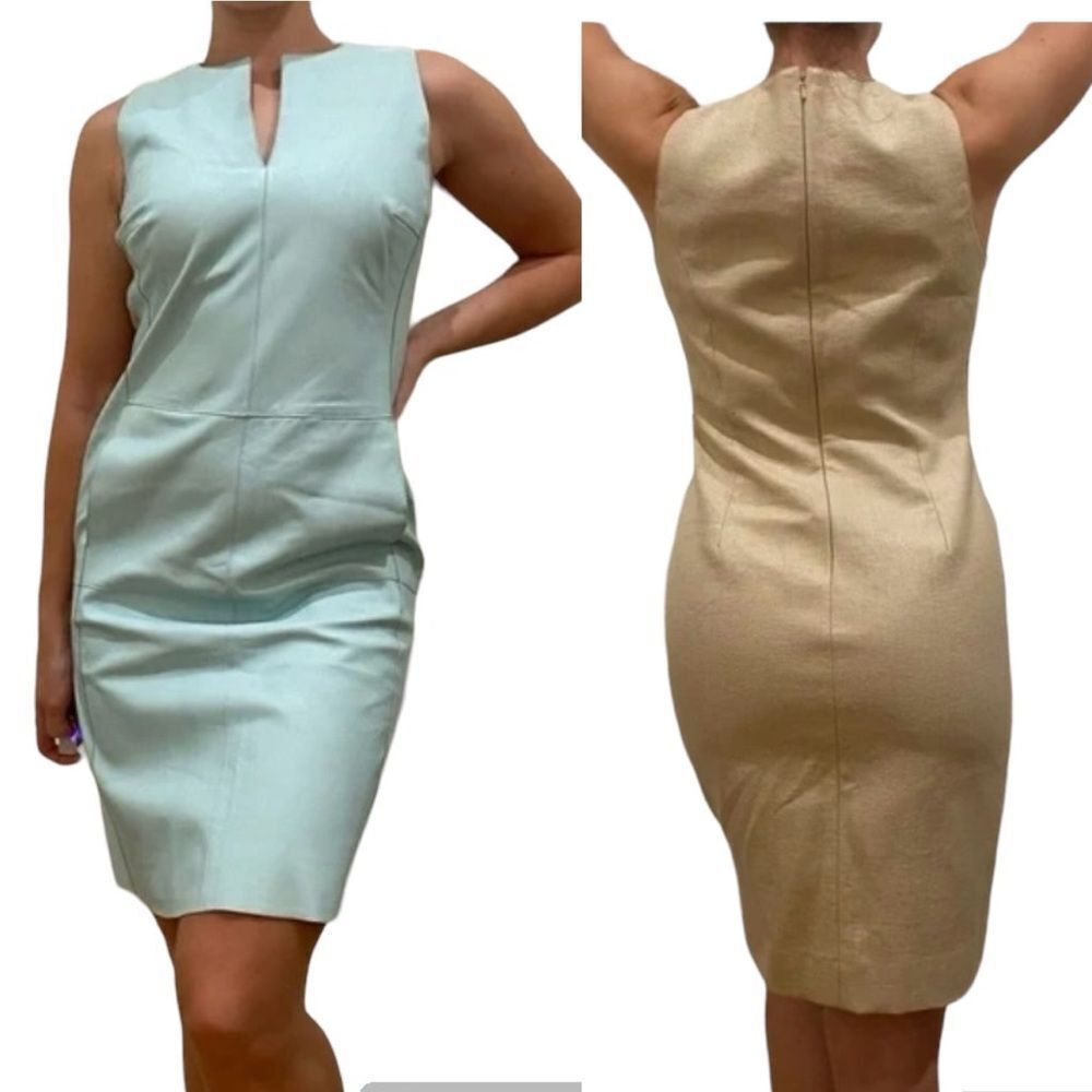 Per Se Light Blue Leather Front Tan Back Shift Midi Dress 8
